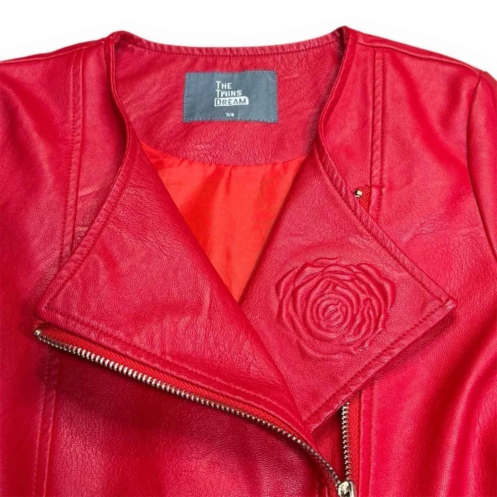 The Twins Dream Girl 7/8 Red Vegan Leather Dress Coat Jacket Rose Peplum Holiday